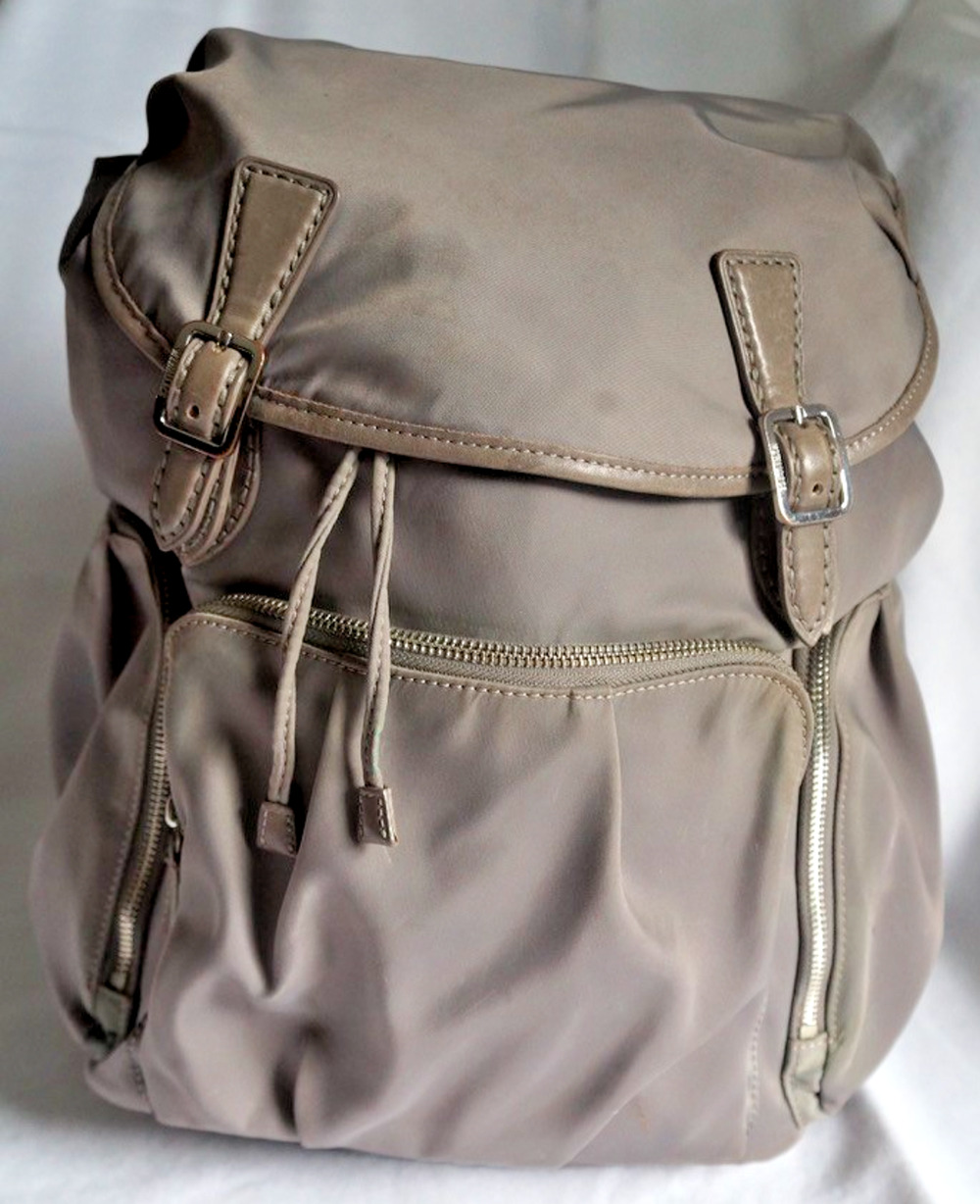 MZ WALLACE Marlena Backpack Bag Olive Green Nylon Leather Trim with silver metal
